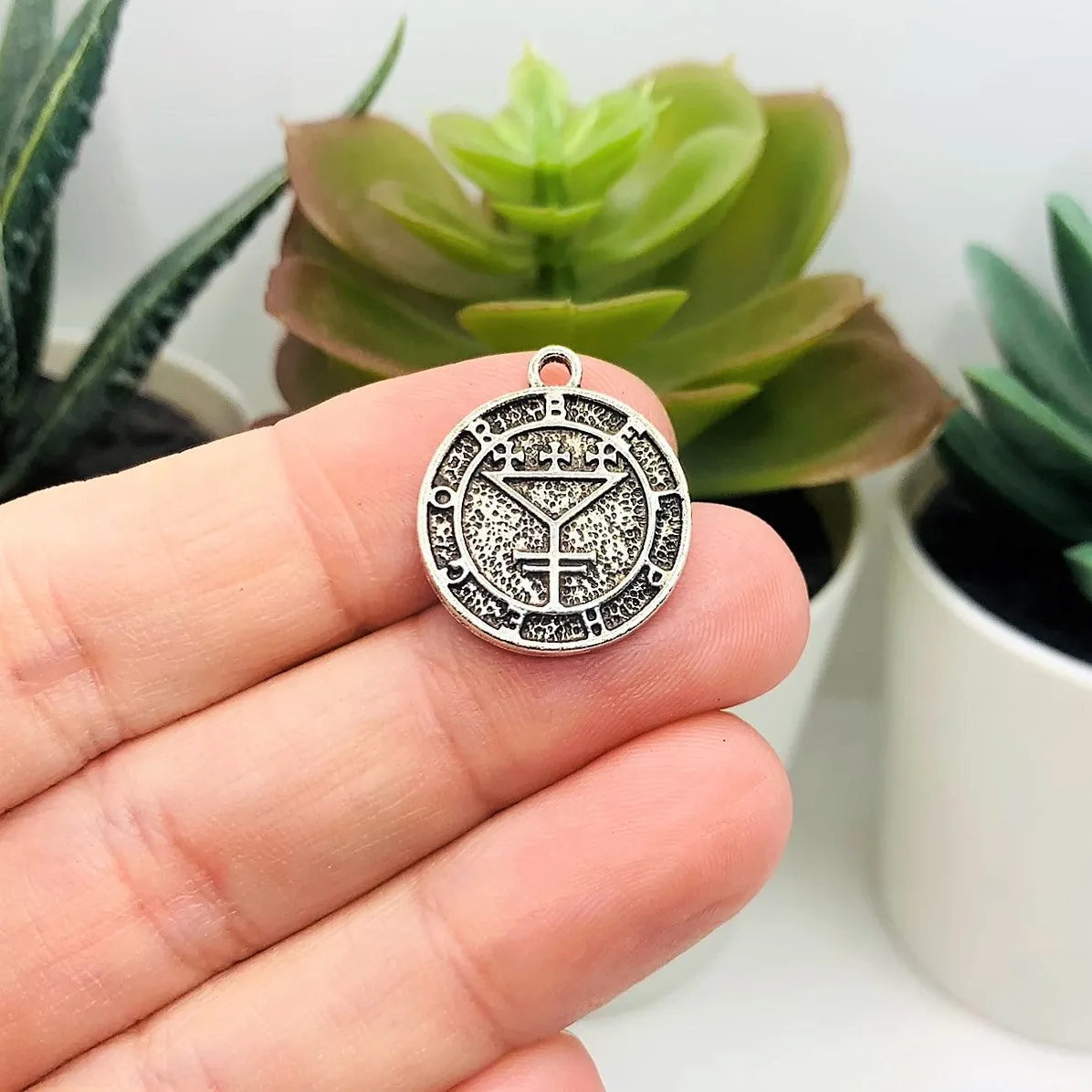 1, 4, 20 or 50 Pieces: Antiqued Silver Belphegor Demon Sigil Pendant Charm