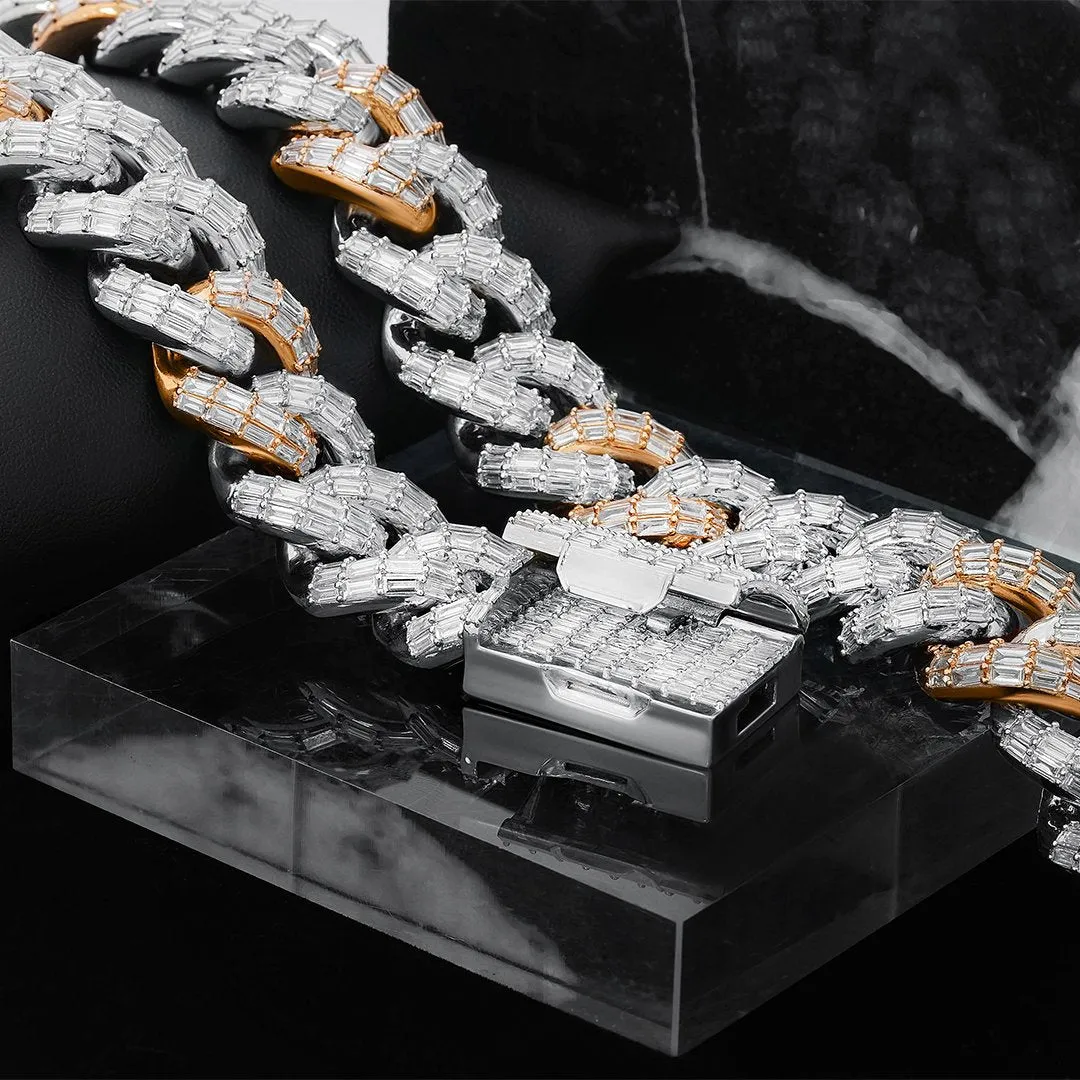 14k Two Tone Gold Diamond Baguette Cuban Chain 64.82 Ctw