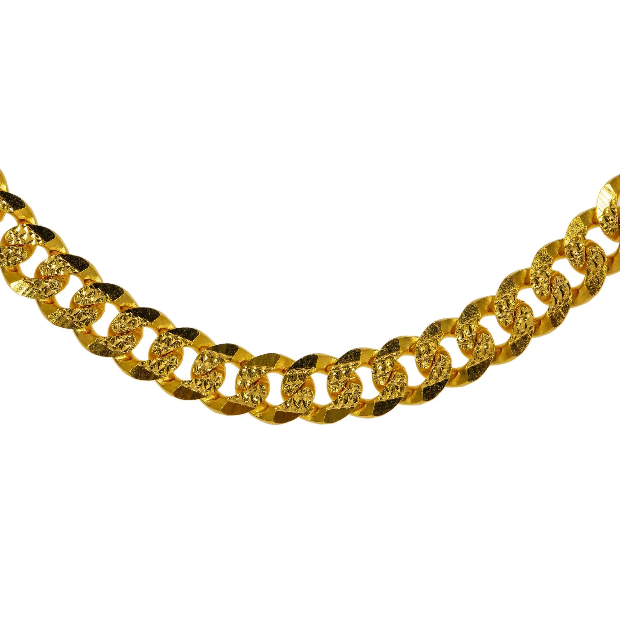 22K Yellow Gold Short Cuban Link Chain W/ Hammered Details, 19 Inches