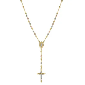 4mm Tri-Color Diamond Cut Cross Rosary Crucifix Necklace 10K Tri Color Gold