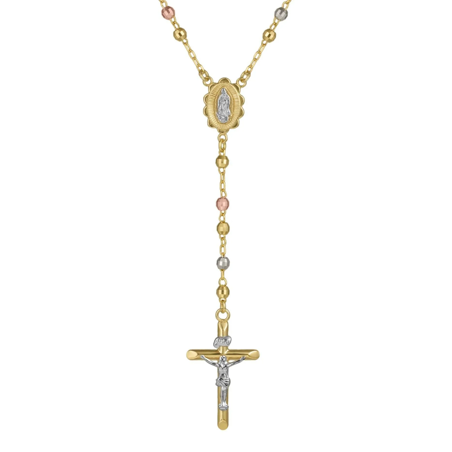 4mm Tri-Color Diamond Cut Cross Rosary Crucifix Necklace 10K Tri Color Gold