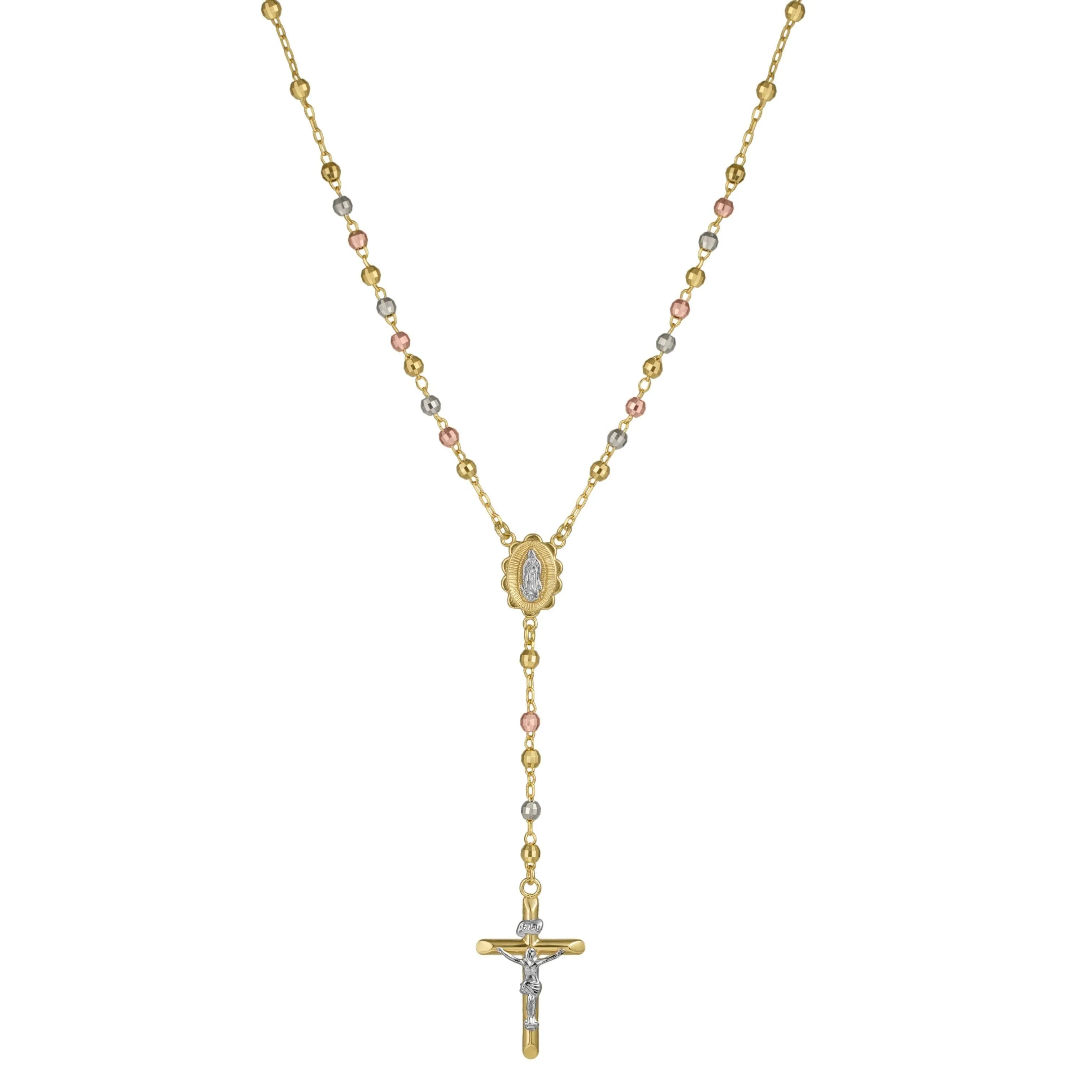 4mm Tri-Color Diamond Cut Cross Rosary Crucifix Necklace 10K Tri Color Gold