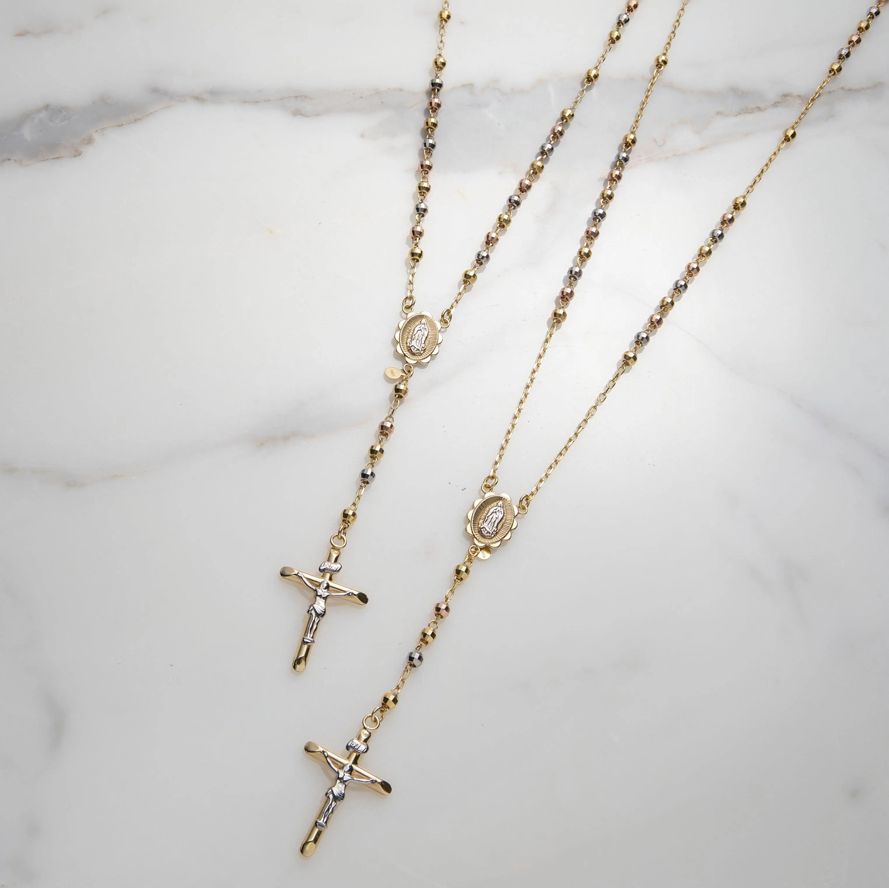 4mm Tri-Color Diamond Cut Cross Rosary Crucifix Necklace 10K Tri Color Gold
