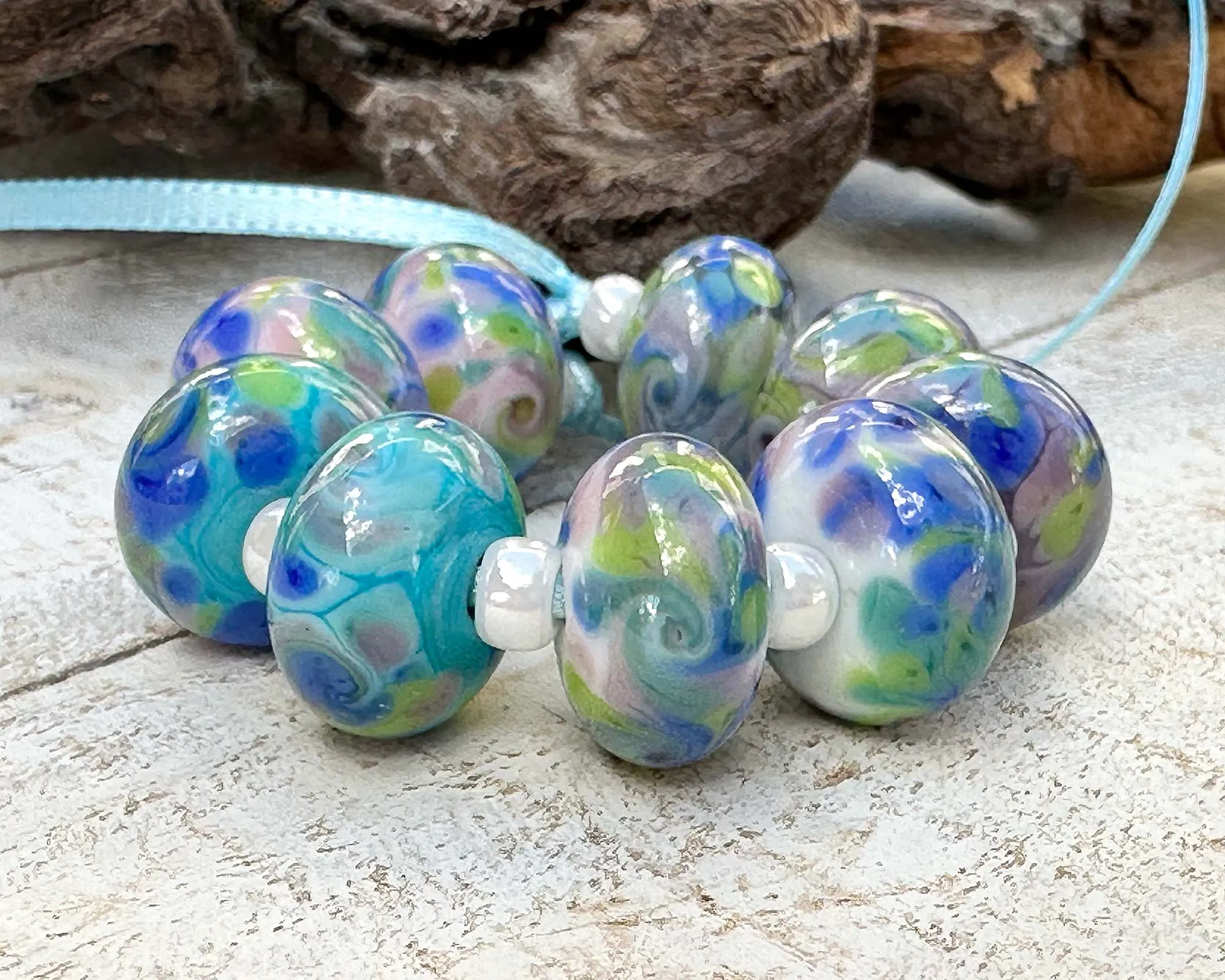 9 Pastel Splash Mosaic Lampwork Beads Set SRA