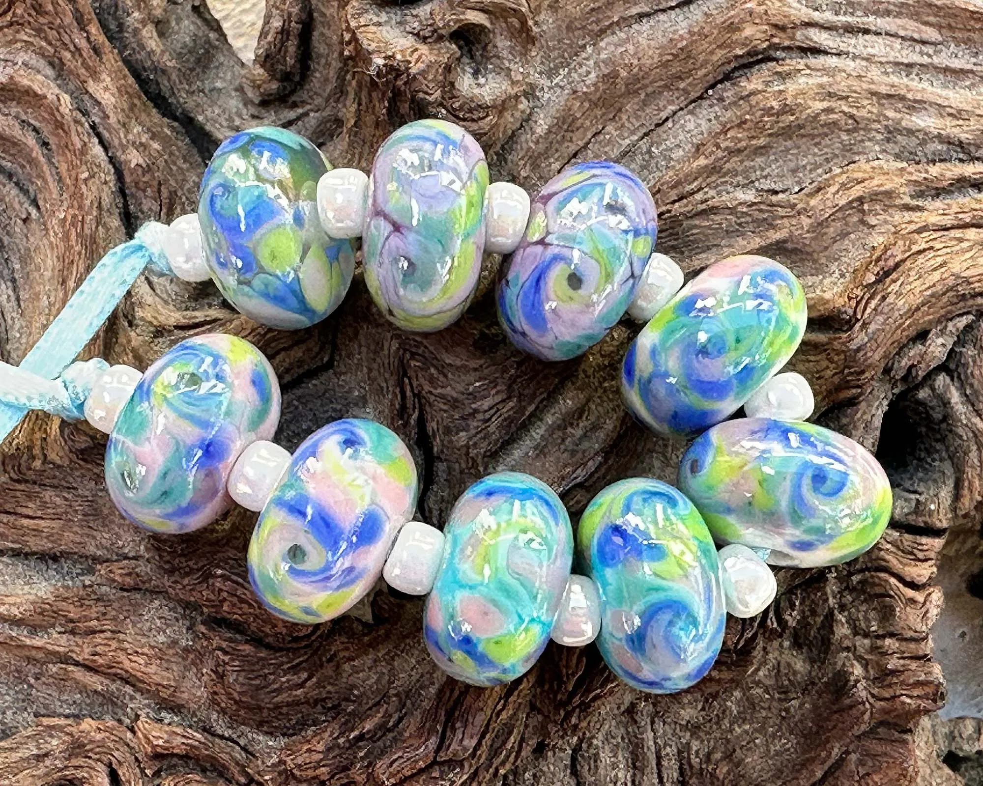 9 Pastel Splash Mosaic Lampwork Beads Set SRA
