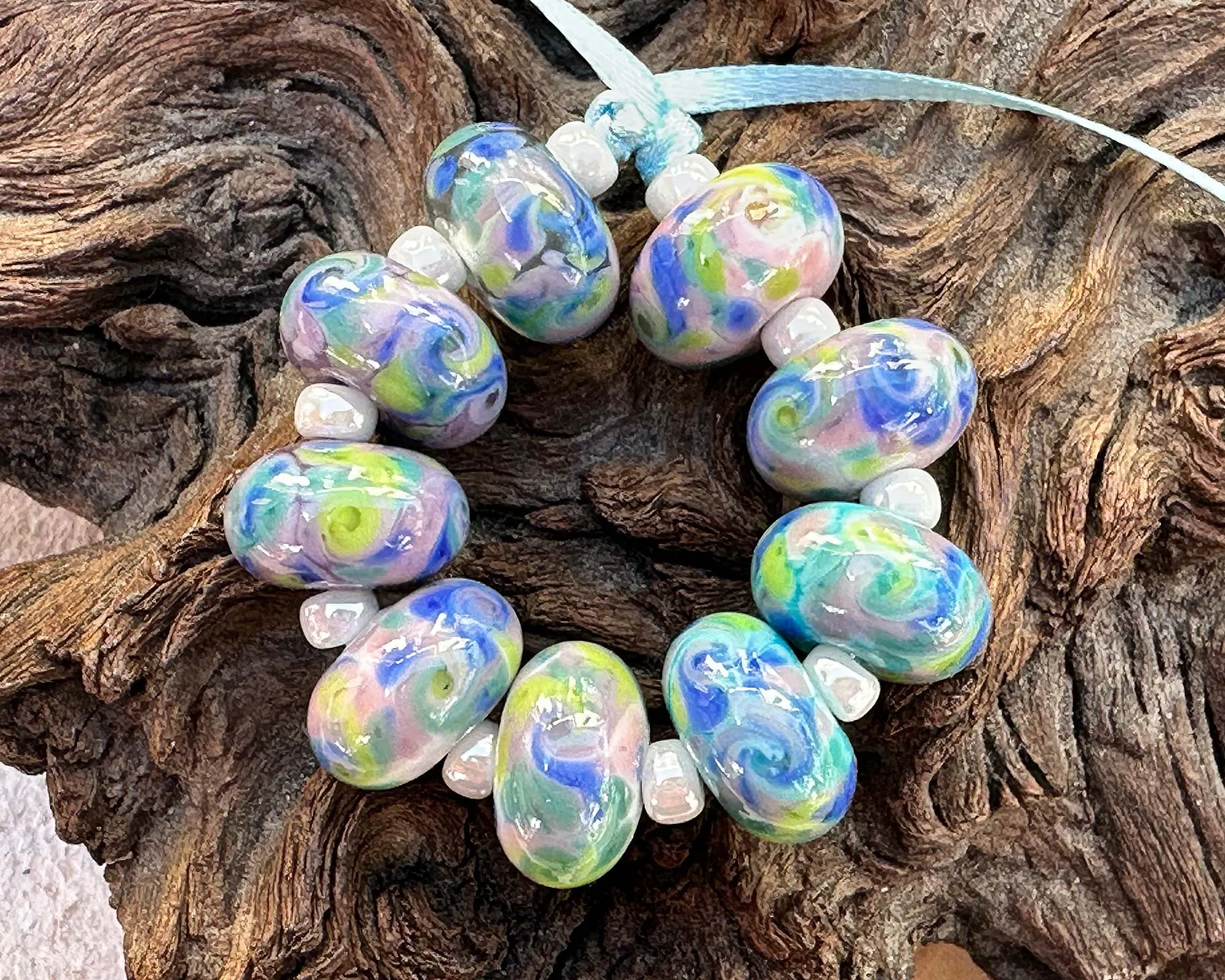 9 Pastel Splash Mosaic Lampwork Beads Set SRA