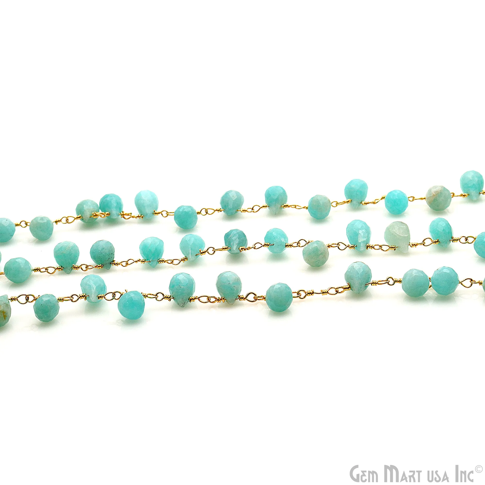 Amazonite Faceted Drop 8x5mm Gold Wire Wrapped Rosary Chain