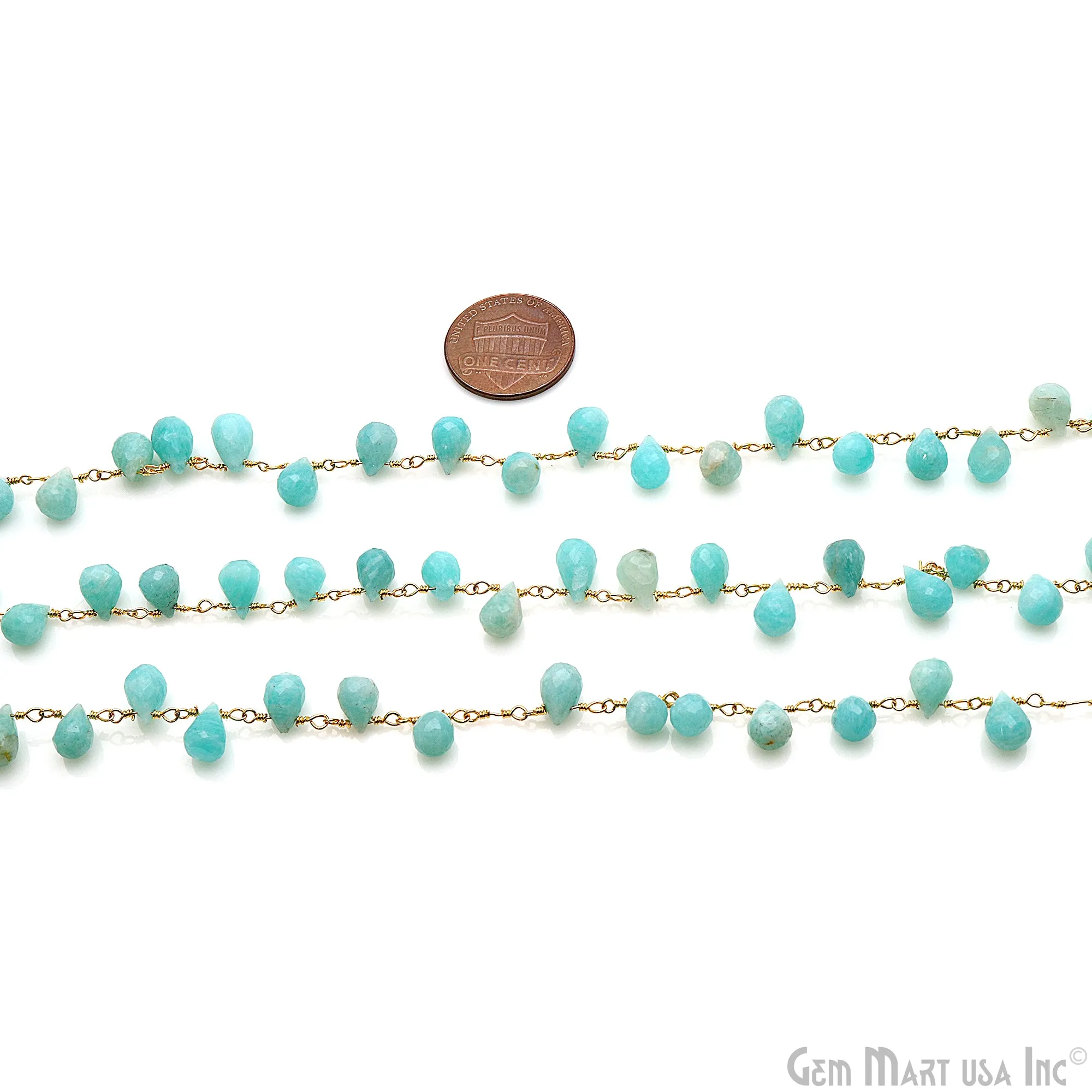 Amazonite Faceted Drop 8x5mm Gold Wire Wrapped Rosary Chain