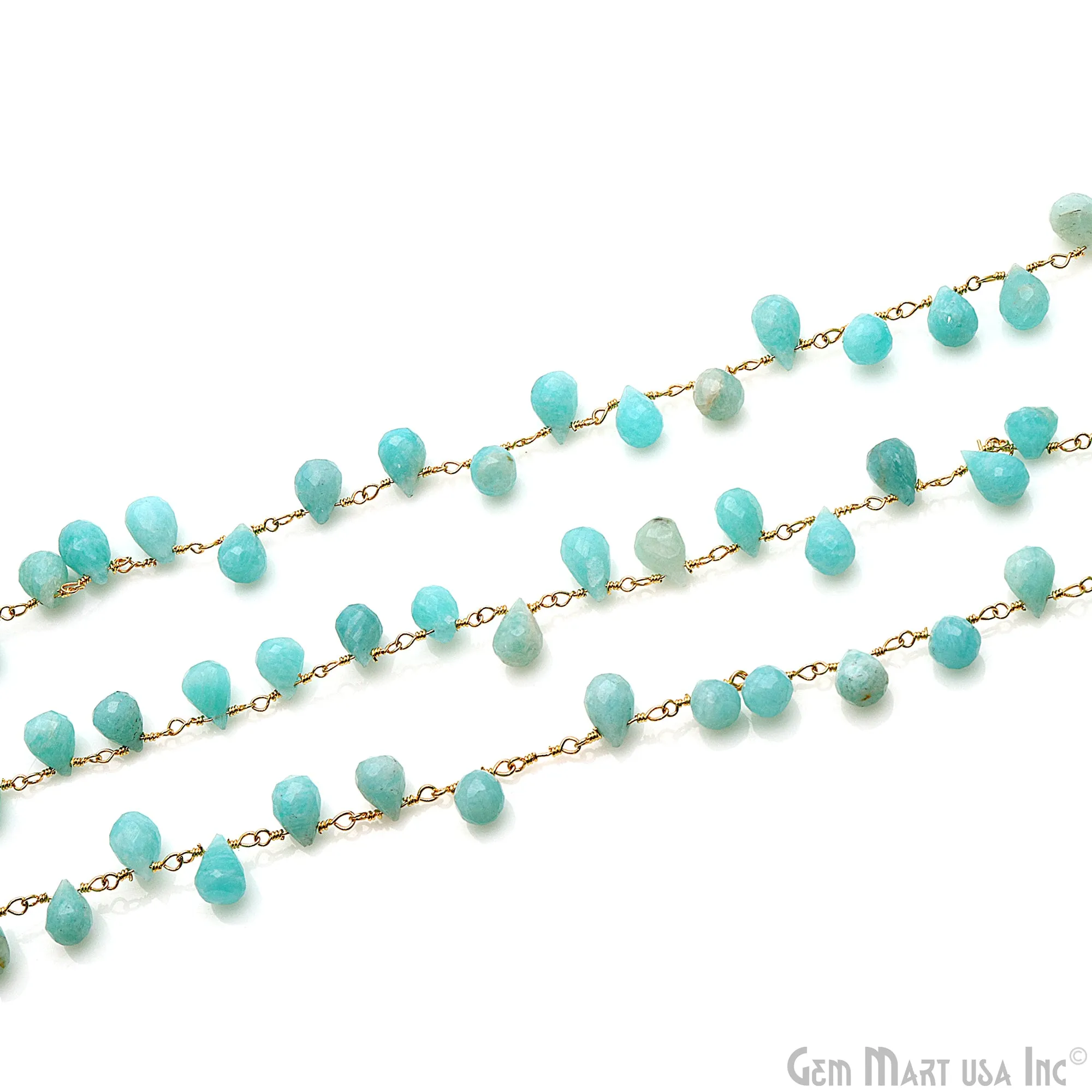 Amazonite Faceted Drop 8x5mm Gold Wire Wrapped Rosary Chain