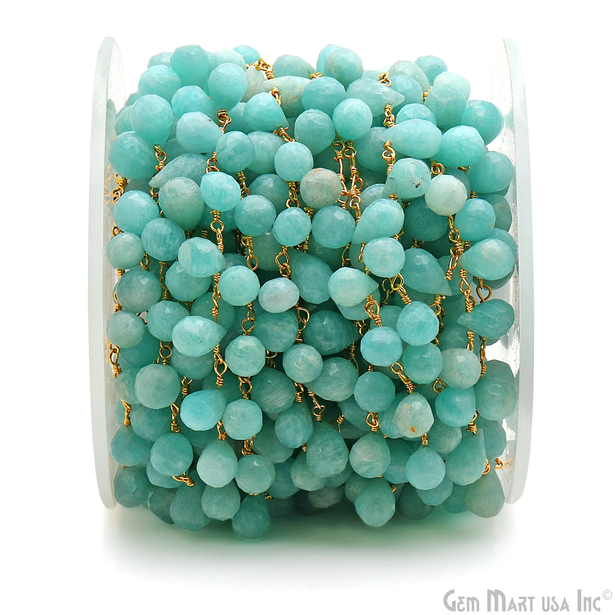 Amazonite Faceted Drop 8x5mm Gold Wire Wrapped Rosary Chain