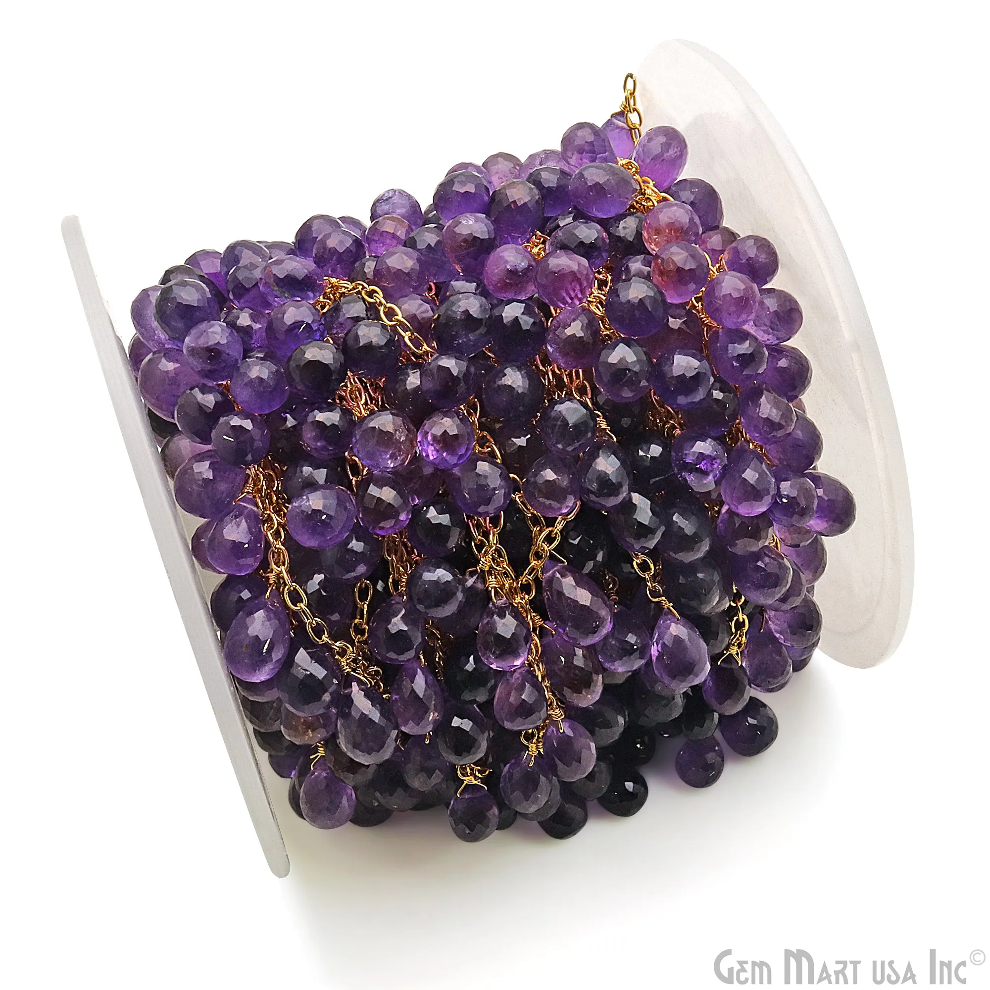 Amethyst Faceted Drop 10x6mm Gold Wire Wrapped Rosary Chain