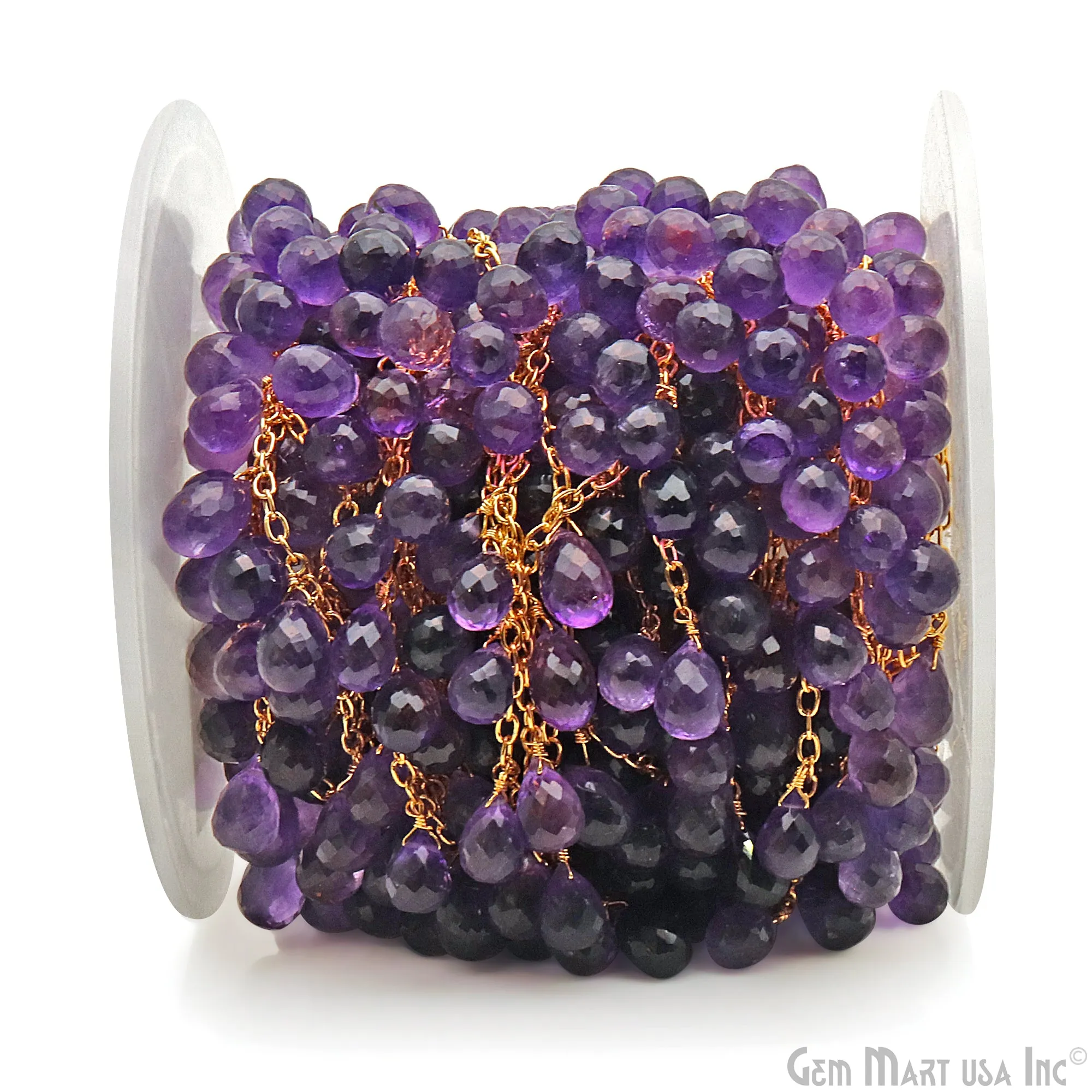 Amethyst Faceted Drop 10x6mm Gold Wire Wrapped Rosary Chain
