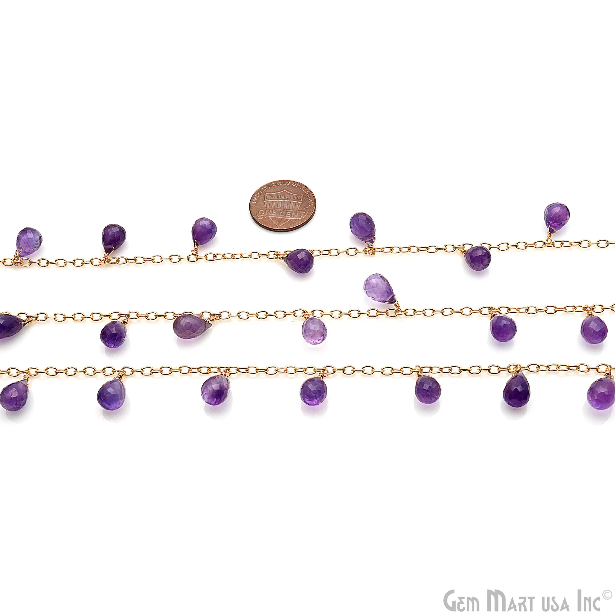 Amethyst Faceted Drop 10x6mm Gold Wire Wrapped Rosary Chain