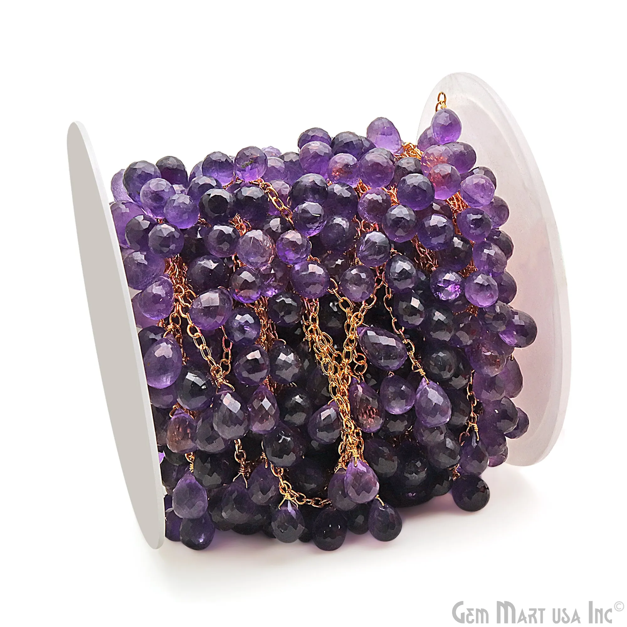 Amethyst Faceted Drop 10x6mm Gold Wire Wrapped Rosary Chain