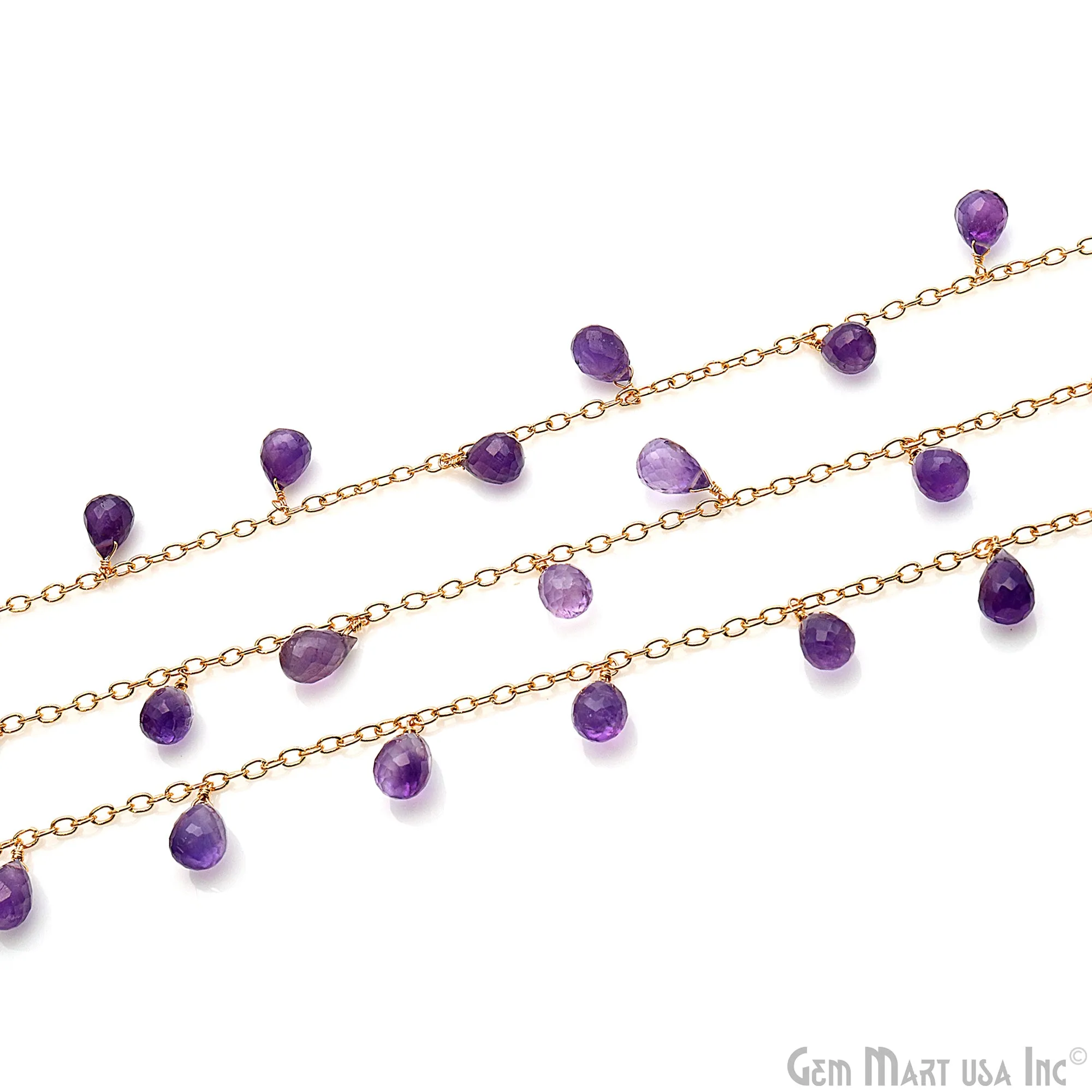 Amethyst Faceted Drop 10x6mm Gold Wire Wrapped Rosary Chain