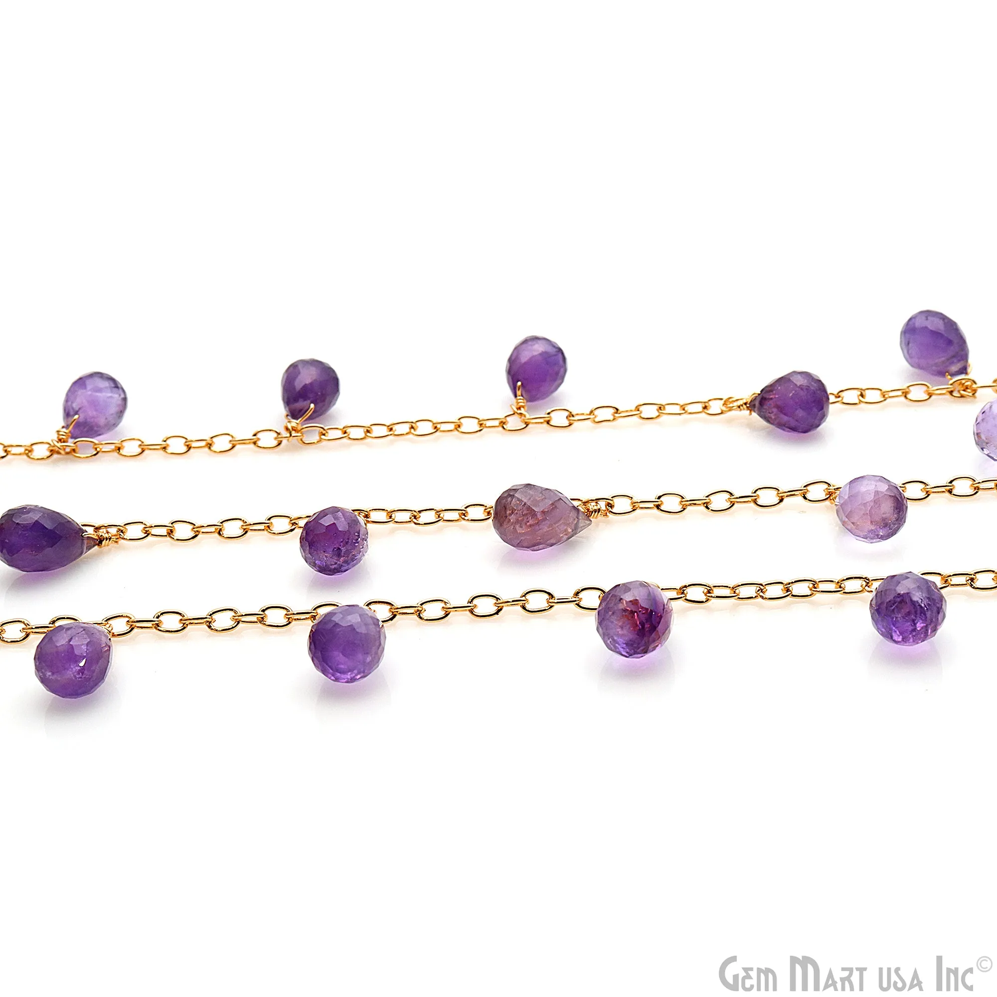 Amethyst Faceted Drop 10x6mm Gold Wire Wrapped Rosary Chain