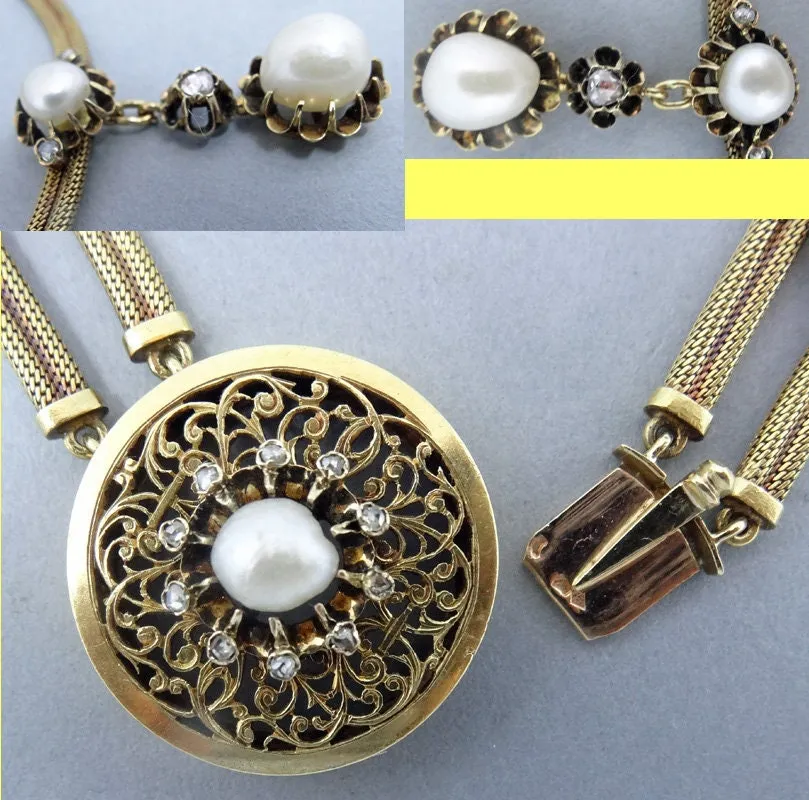 Antique Victorian Necklace Gold Natural Pearls Diamonds French w Appraisal (5841