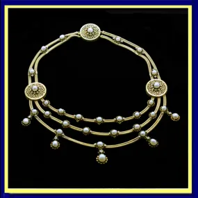 Antique Victorian Necklace Gold Natural Pearls Diamonds French w Appraisal (5841