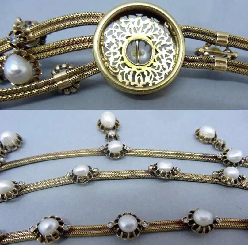 Antique Victorian Necklace Gold Natural Pearls Diamonds French w Appraisal (5841
