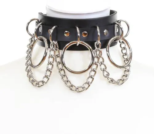 Black Leather Bondage Collar w/ Silver O Ring and Chain Details