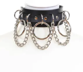 Black Leather Bondage Collar w/ Silver O Ring and Chain Details