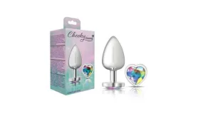 Cheeky Charms Silver Metal  Butt Plug w Heart Clear Jewel Large