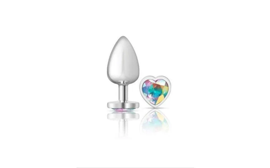 Cheeky Charms Silver Metal  Butt Plug w Heart Clear Jewel Large