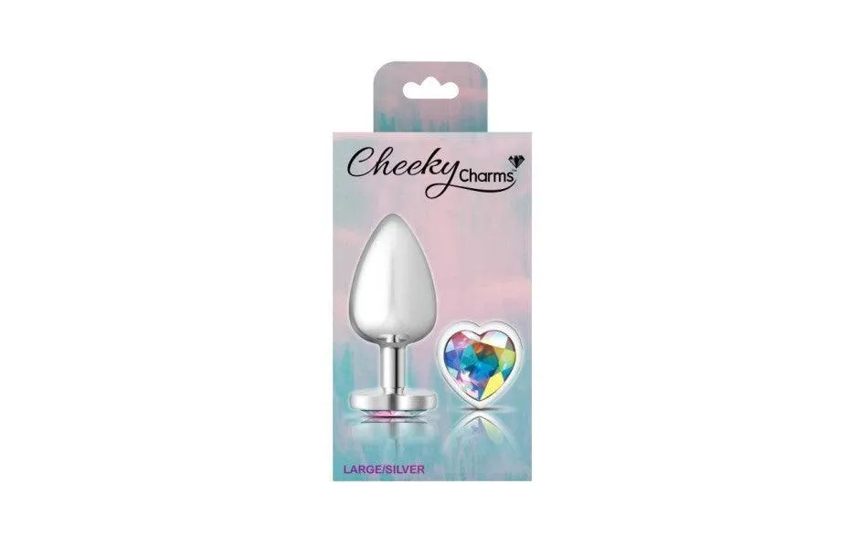 Cheeky Charms Silver Metal  Butt Plug w Heart Clear Jewel Large
