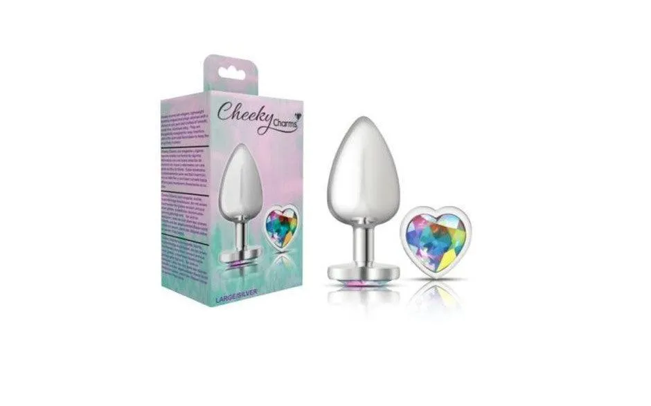 Cheeky Charms Silver Metal  Butt Plug w Heart Clear Jewel Large