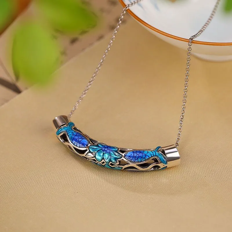 Cloisonne Thai Silver Craft Enamel Ladies Pendant Exquisite Carp Lotus Necklace