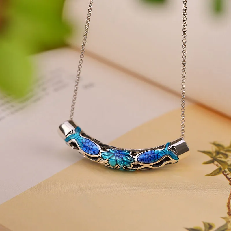 Cloisonne Thai Silver Craft Enamel Ladies Pendant Exquisite Carp Lotus Necklace