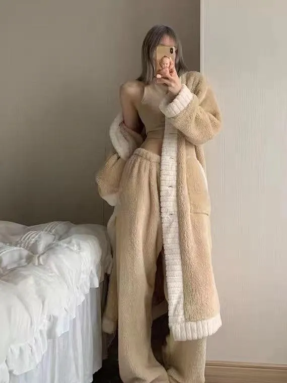 Coral Fleece Long Top&pants 2 Sets Pajamas