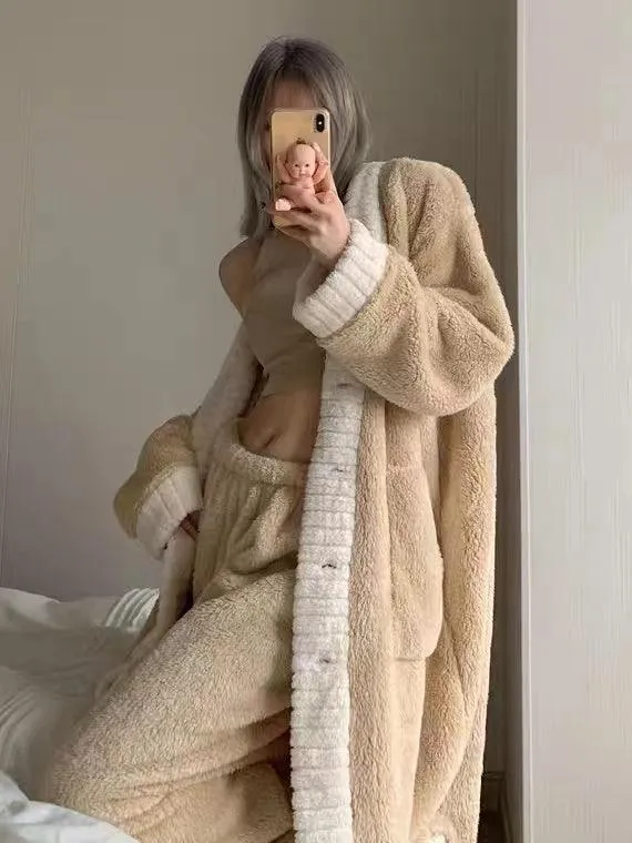Coral Fleece Long Top&pants 2 Sets Pajamas