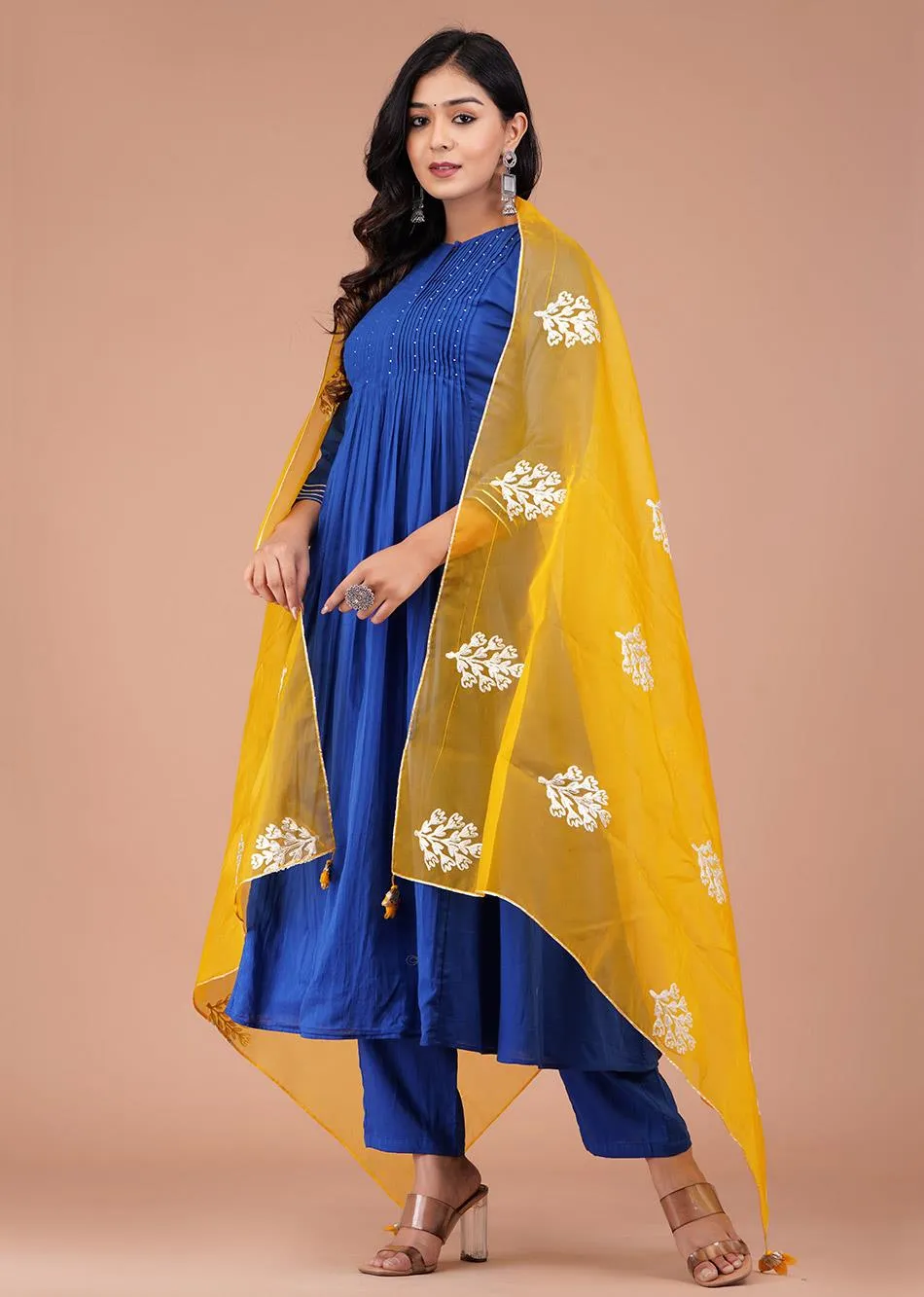 Egyptian Blue Straight Kurta Set With Organza Dupatta