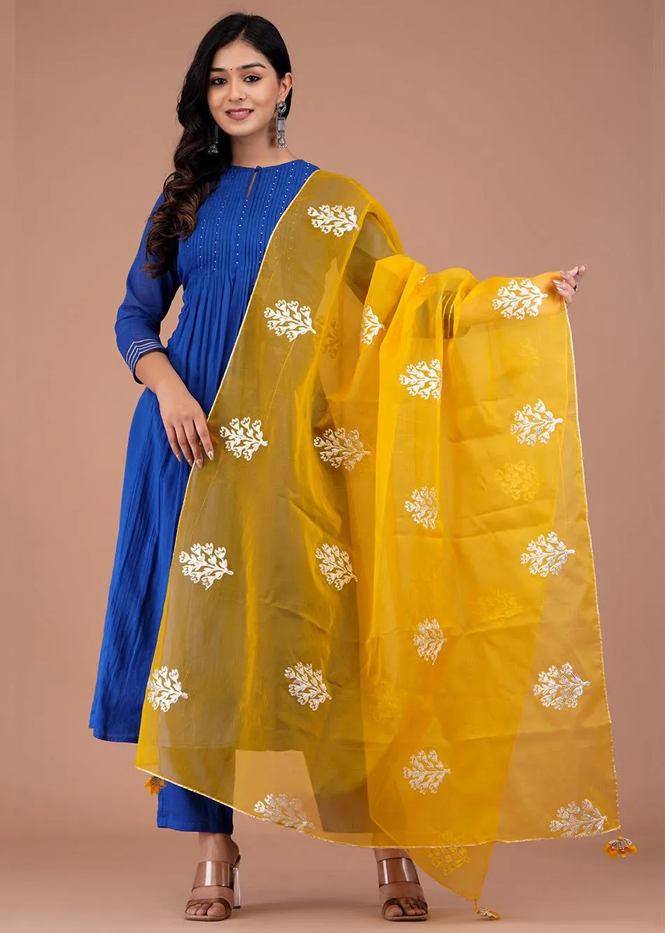 Egyptian Blue Straight Kurta Set With Organza Dupatta