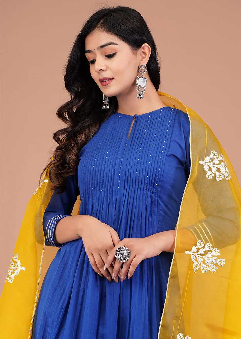 Egyptian Blue Straight Kurta Set With Organza Dupatta