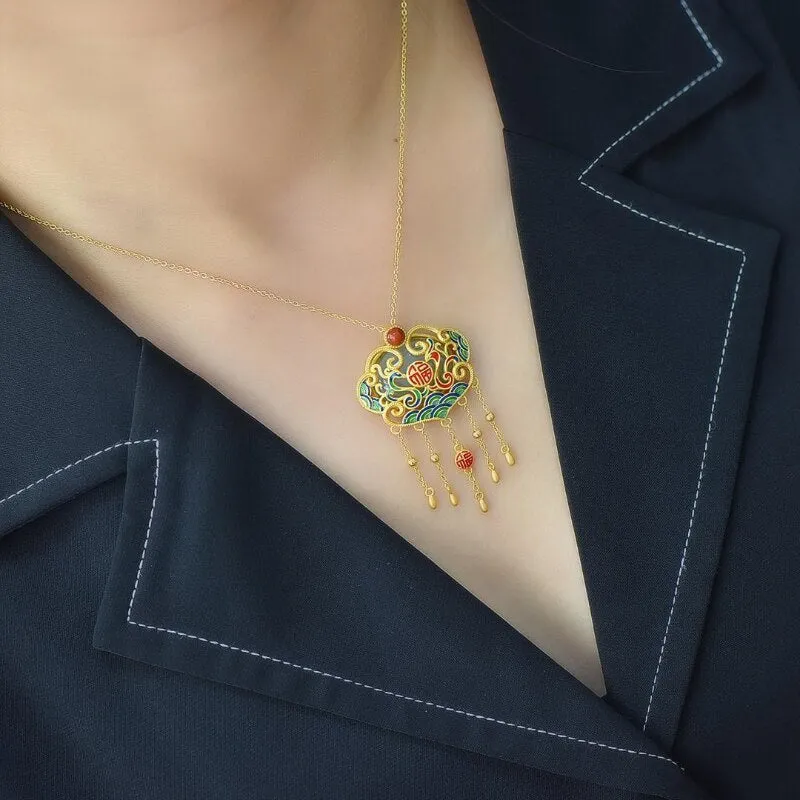 Exquisite Phoenix Tassel Ruyi Pendant Silver Inlaid Natural Hetian Jade Necklace