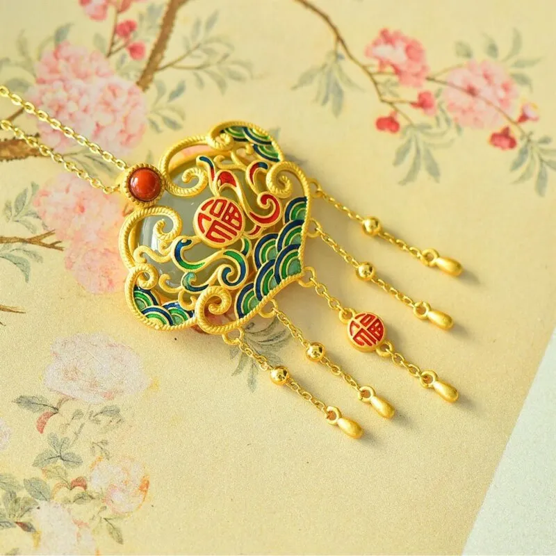 Exquisite Phoenix Tassel Ruyi Pendant Silver Inlaid Natural Hetian Jade Necklace