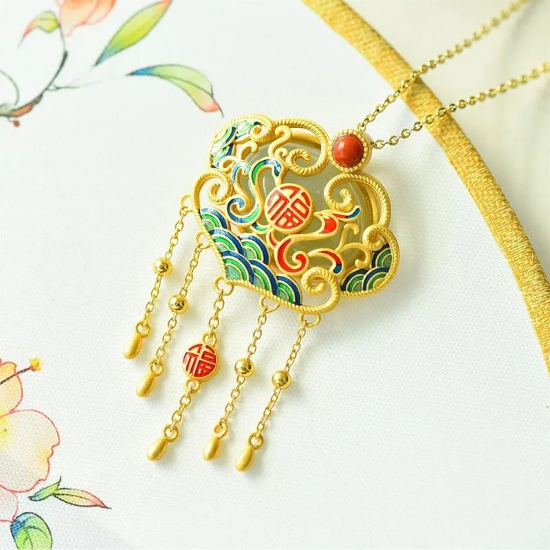 Exquisite Phoenix Tassel Ruyi Pendant Silver Inlaid Natural Hetian Jade Necklace