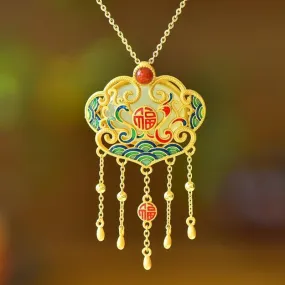 Exquisite Phoenix Tassel Ruyi Pendant Silver Inlaid Natural Hetian Jade Necklace