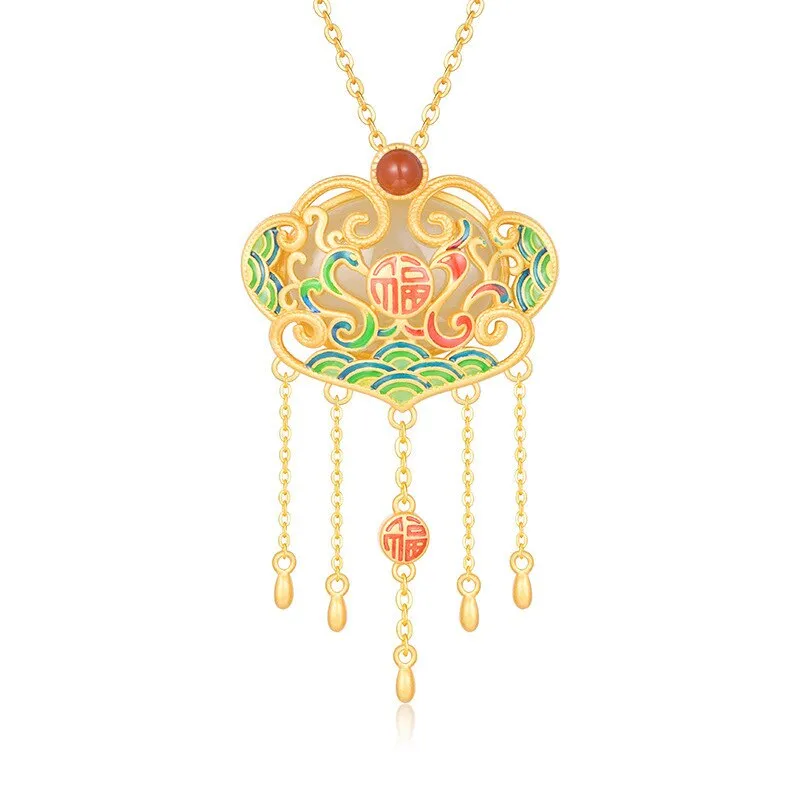 Exquisite Phoenix Tassel Ruyi Pendant Silver Inlaid Natural Hetian Jade Necklace