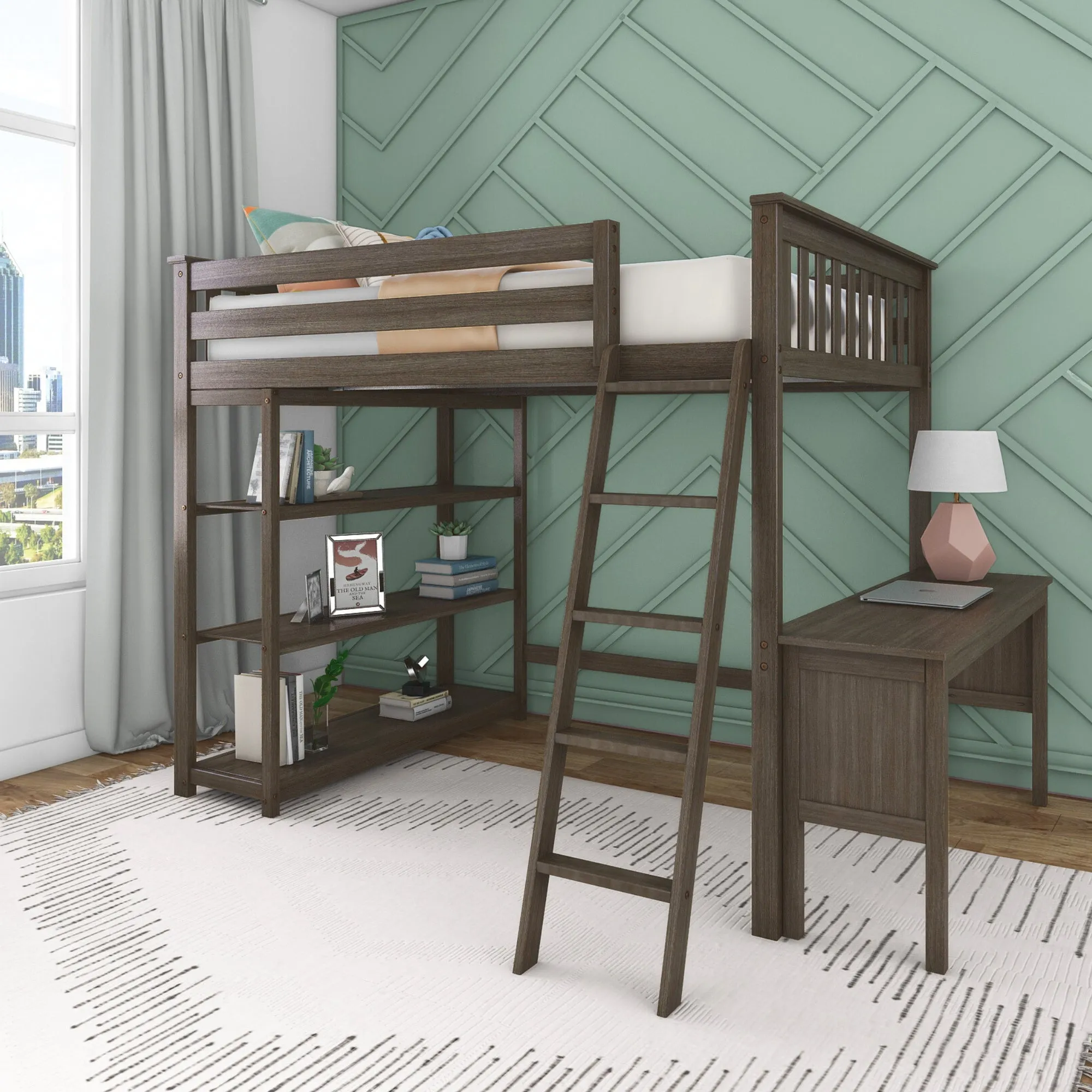 Full Loft Bed With Bookcase & Desk