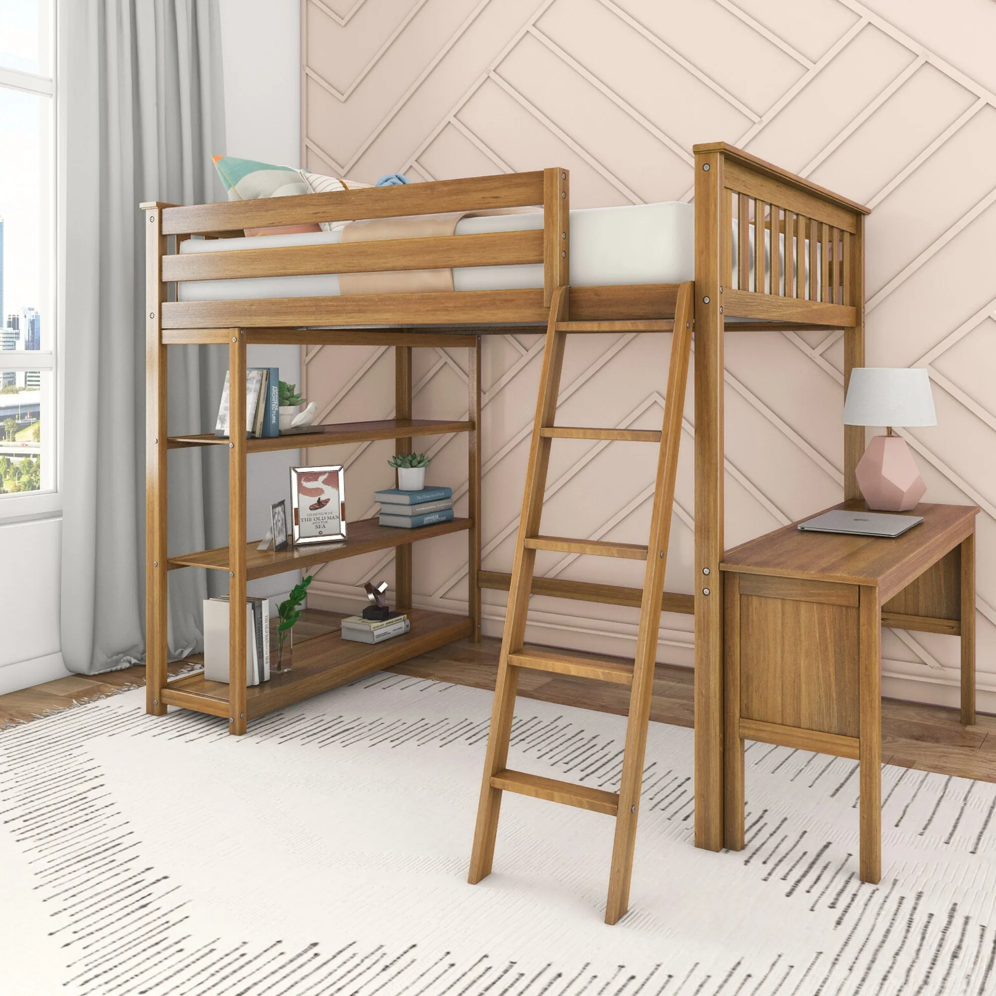 Full Loft Bed With Bookcase & Desk
