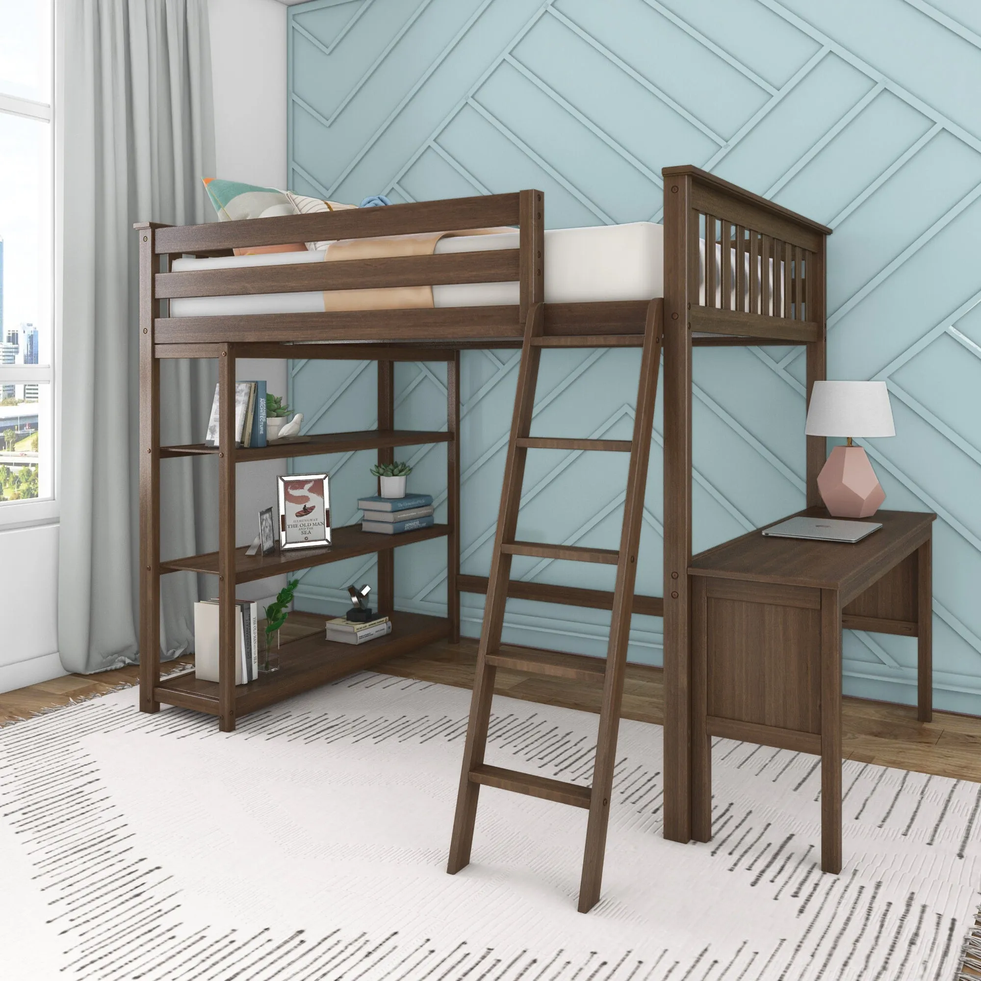 Full Loft Bed With Bookcase & Desk