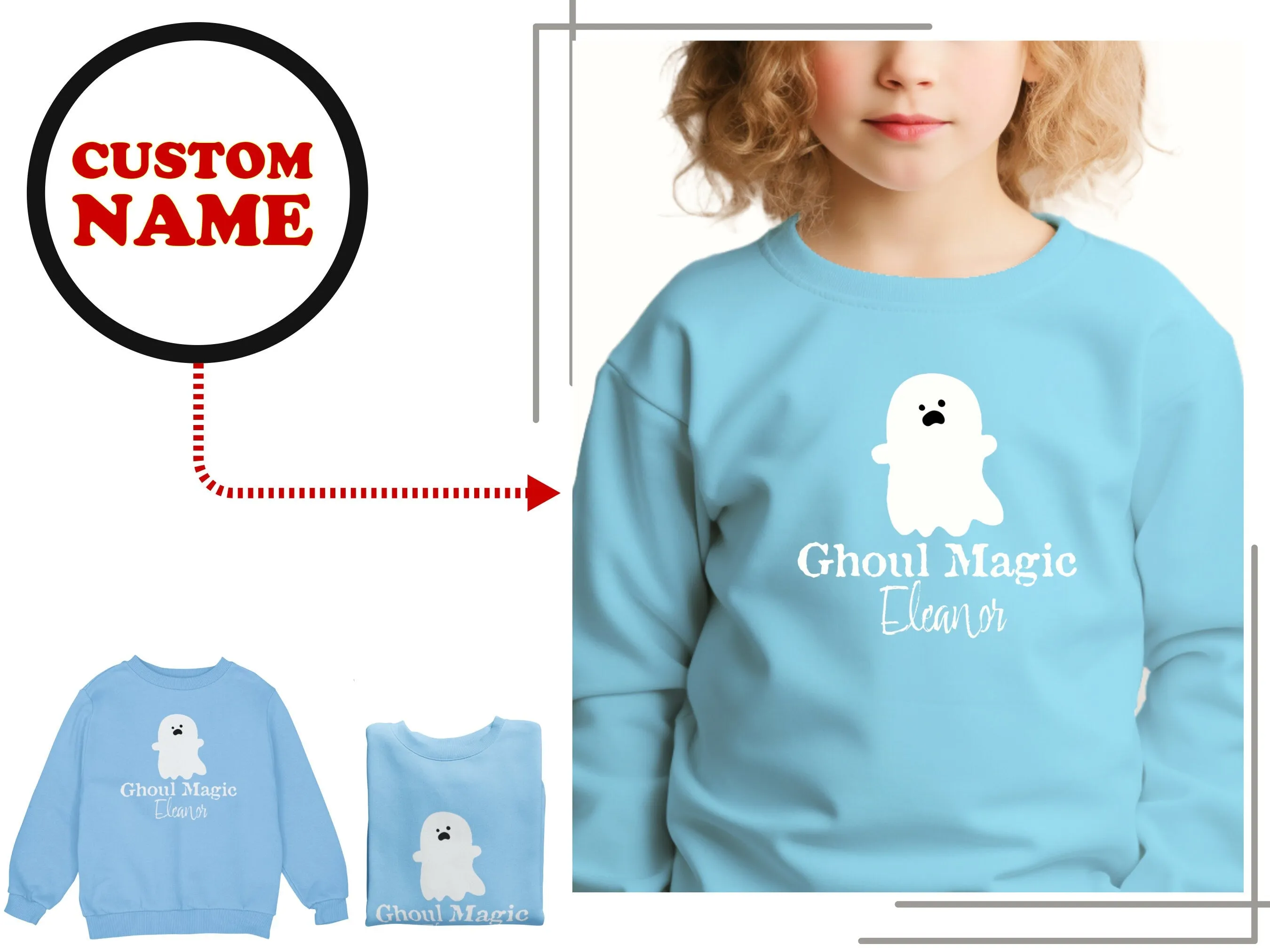 Ghoul Magic Text Custom Name Halloween Sweatshirt for Toddler Girls