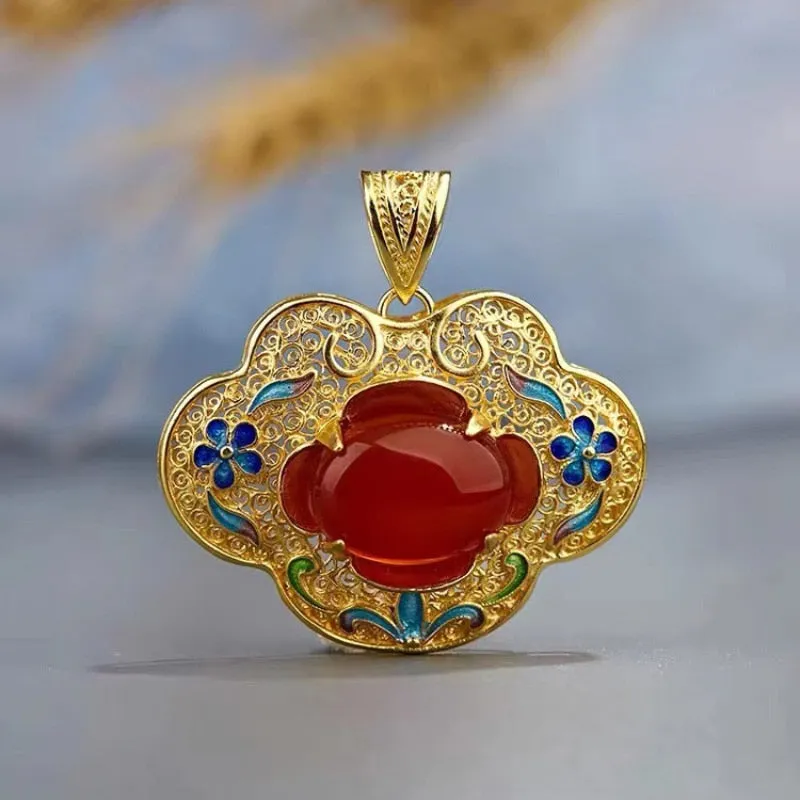 inlaid Natural red chalcedony pendant necklace for women