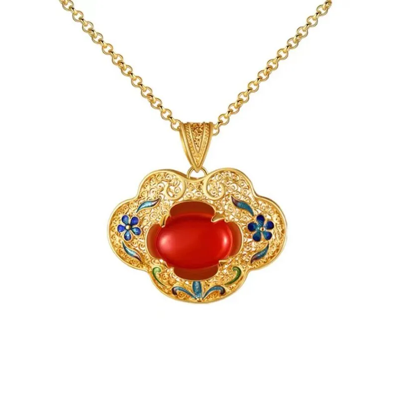 inlaid Natural red chalcedony pendant necklace for women