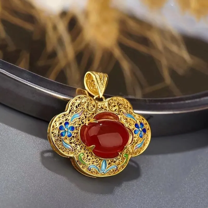inlaid Natural red chalcedony pendant necklace for women