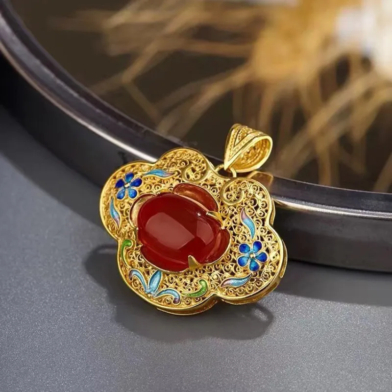 inlaid Natural red chalcedony pendant necklace for women