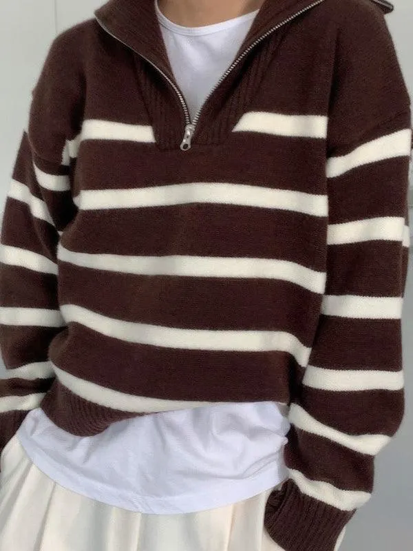 Lapel Zip Stripe Loose Long Sleeve Pullover Knit Sweater
